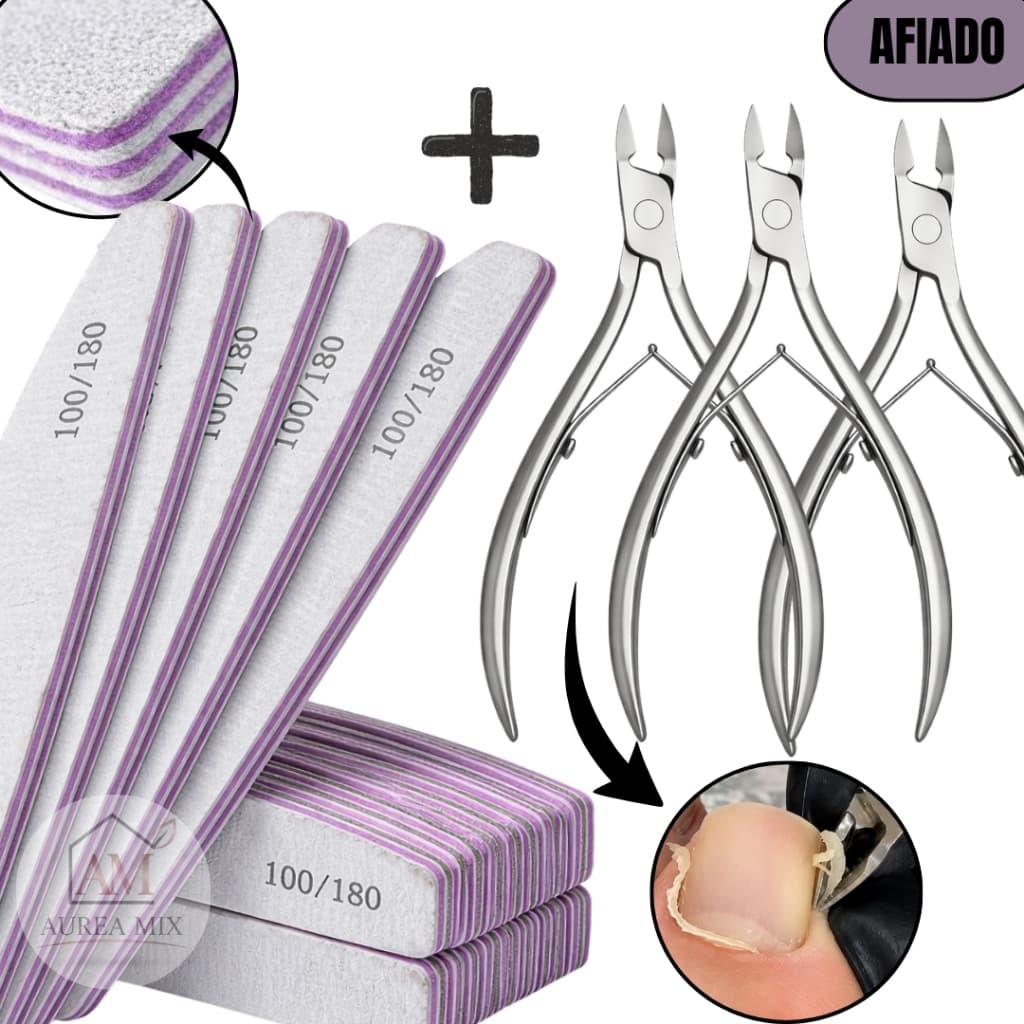 Kit Manicure Profissional Alicate Cutícula Aço Inox Afiado e Lixas Boomerang/Banana 100/180 Lavável