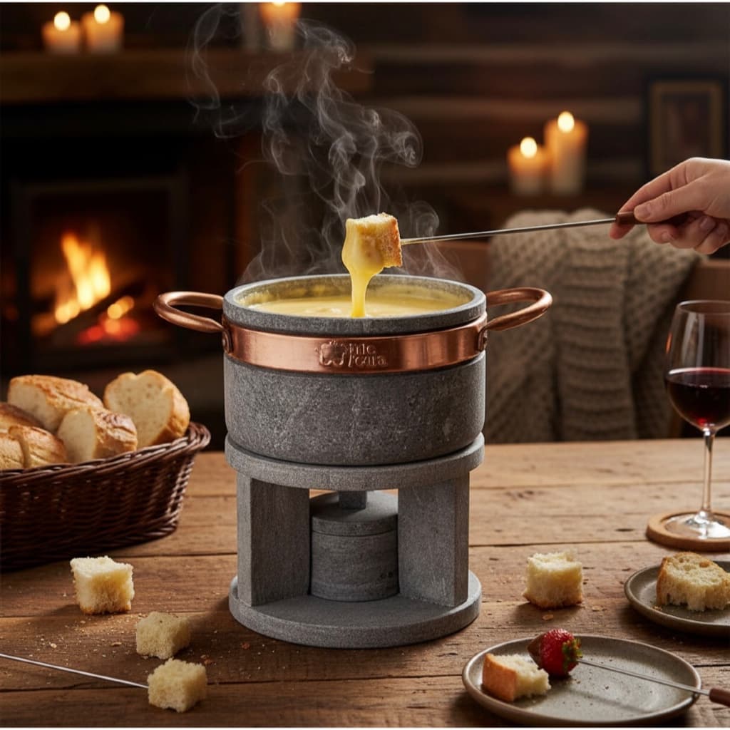Fondue de Pedra Sabão Arte Pedra - Panela e Réchaud com Alça de Cobre