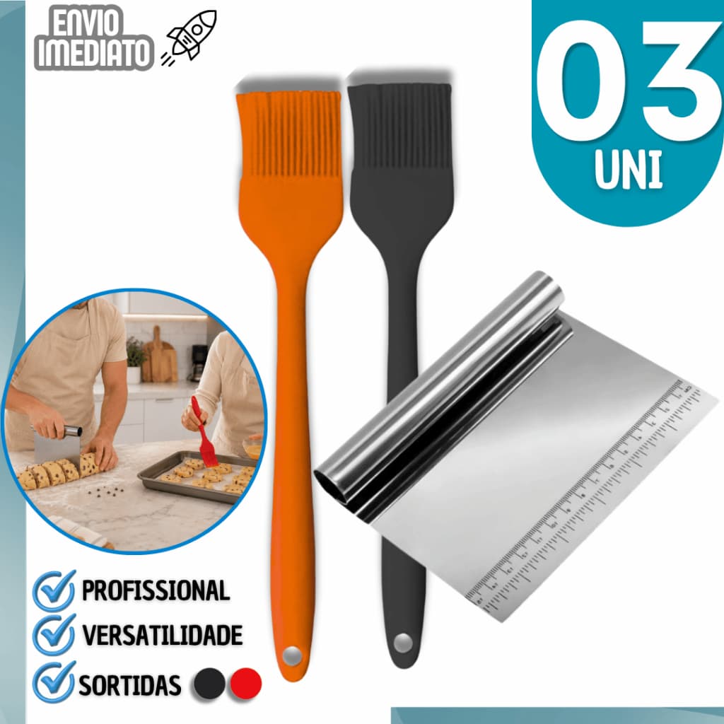 Kit Panificação Profissional Espátula Cortador Raspador de Massa e Pincel Culinário Churrasco Pão Artesanal Gourmet