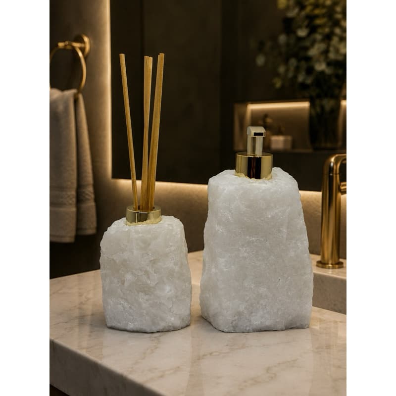 Kit Saboneteira e Difusor de Pedra Natural Quartzo Branco