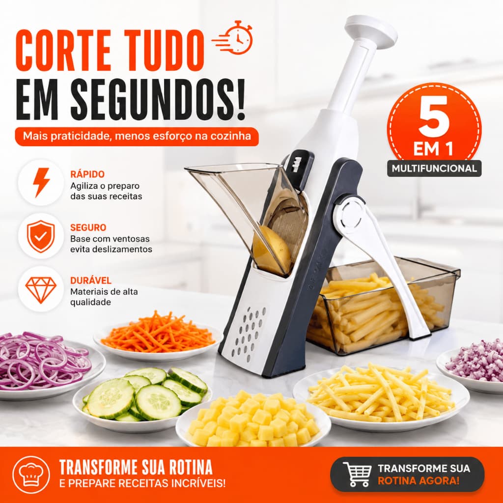 Cortador de Legumes Multifuncional 5 em 1 Arcani Fatiador Ralador Manual com Lâminas Inox