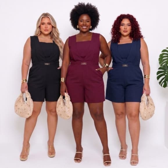 Macaquinho Feminino Plus Size Tecido Sensorial Marrant Com Top com lastex nas costas