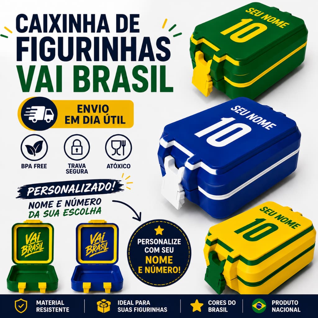 Caixa Porta Figurinhas Personalizada Vai Brasil | Nome e Número | Copa | Futebol | 2026 | Presente | Cards | Organizador