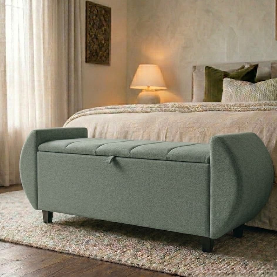 Baú Pufe Recamier Divã Tóquio 130/150 cm Linho Premium Organizador Pé Reforçado Ideal Cama Casal Queen Quarto Closet -AV