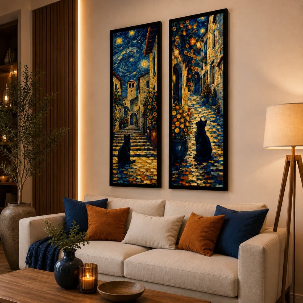 Quadro Decorativo Gatos Van Gogh 2 Peças Arte Noturna Premium em Estilo Pós-Impressionista