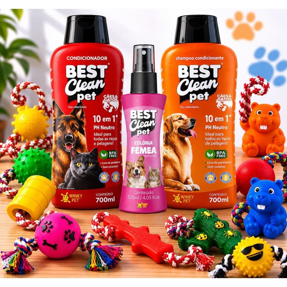 Kit Completo de Shampoo Condicionador Pet Neutro com Perfume e Brinquedo