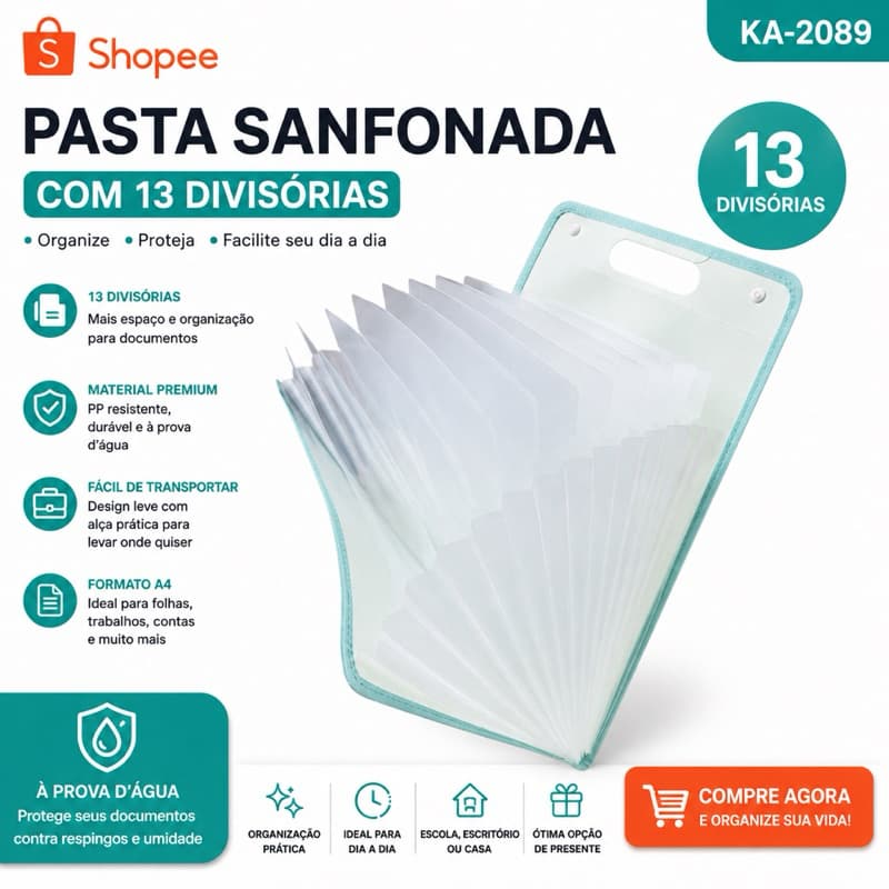 Pasta de Arquivo A4 Organizadora de Arquivos Sanfonada Material Escolar