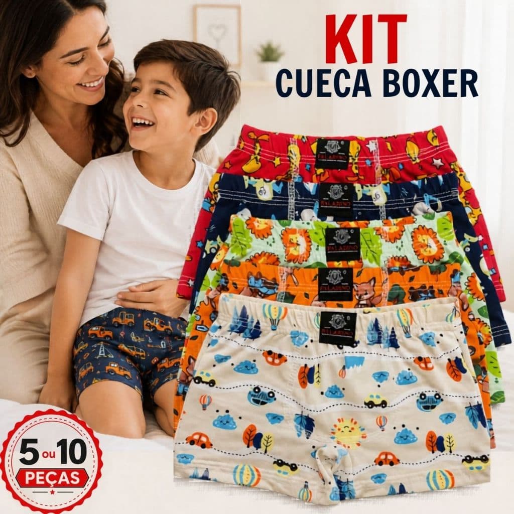 Kit Cueca Boxer Infantil Box Menino Confortável Estampas Sortidas 5-10 Masculino