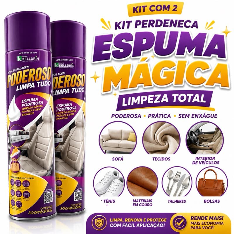 Kit 2 Espumas Mágica Limpa Tudo Sofá Carpete Bolsa Tênis Poderoso Kelldrin 300ml