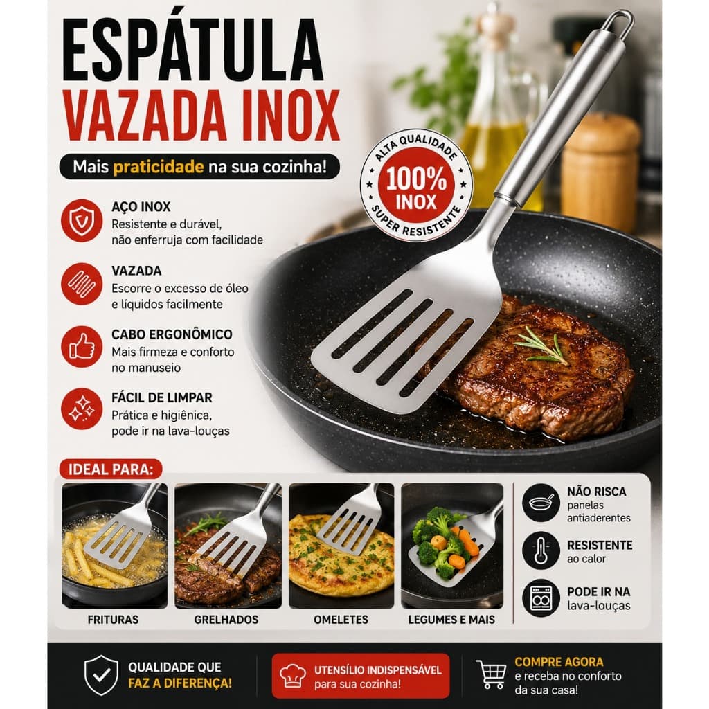 Espátula Vazada Inox Cozinha Antiaderente Utensílio Resistência Profissional