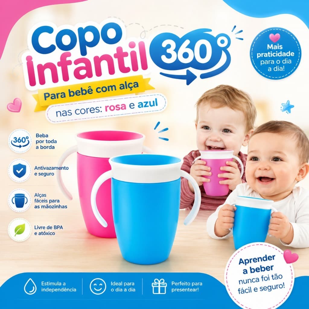 Copo Infantil 360° para Bebe com Alça Transição Treinamento Antivazamento Sem Bico Copinho