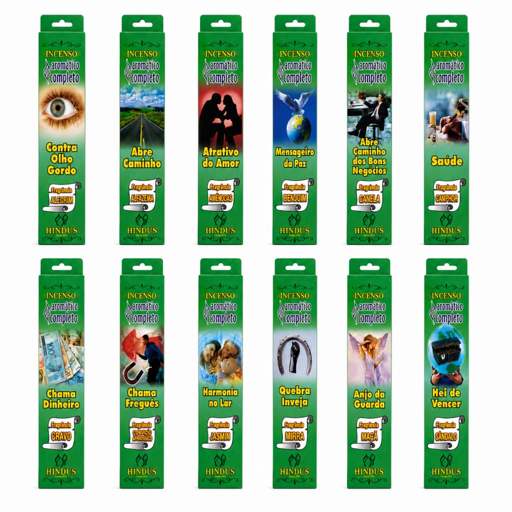 Kit 12 Incensos Aromáticos Hindus Completo Sortidos p/ Energia Harmonia Proteção Casa E Meditações