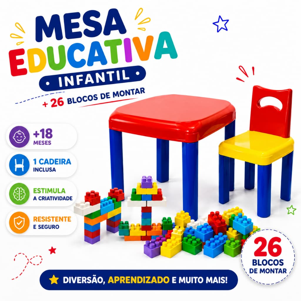 Mesa Infantil Educativa Com Cadeira E Blocos Montar