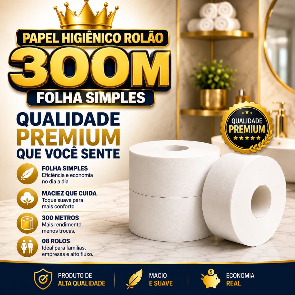 Papel Higiênico Rolão 300m C/8 Rolos Folha Simples Super Macio Alto Rendimento Para Dispenser