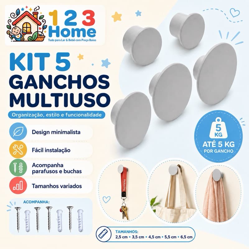 Cabideiro de Parede com 5 Ganchos Multiuso | Suporte para Roupas, Bolsas, Toalhas e Acessórios