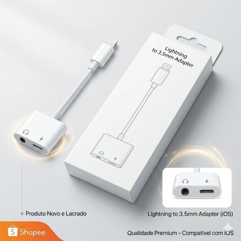 Adaptador 2 em 1 Lightning para Fone de Ouvido P2 e Carregador iPhone