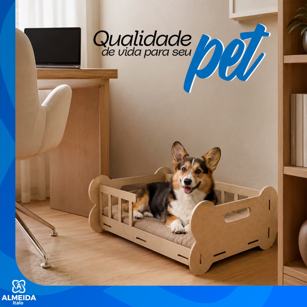 Caminha Cama Casa Toca Pet Cachorro Gato Luxo Madeira MDF Casa Osso Montagem Conforto Facilidade