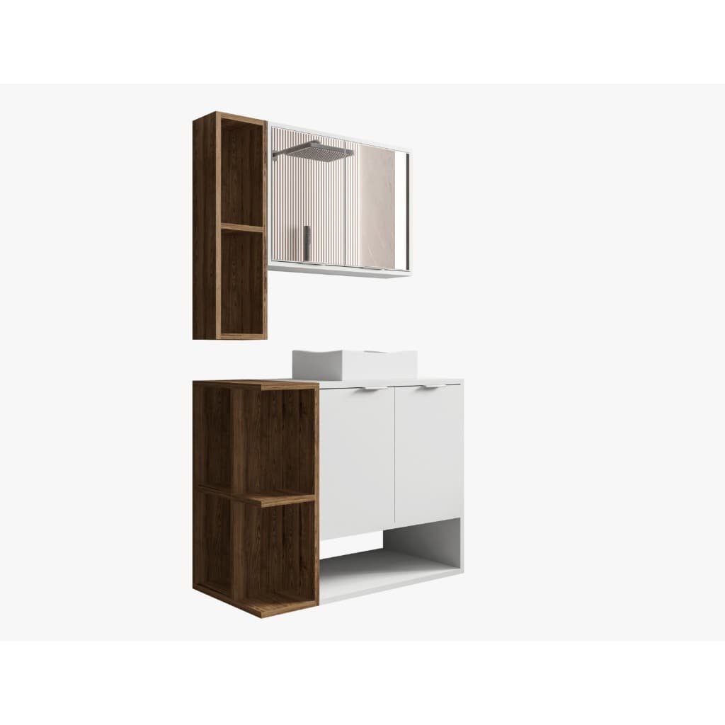 Gabinete Para Banheiro Com Cuba e Espelho Nicho Naturalle/Branco