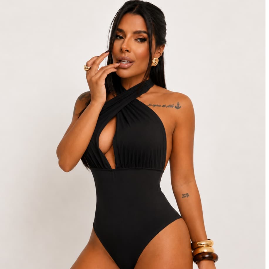 Body Feminino Cavado  Decote Profundo Frente Única Multiformas Amarração Costa Nua Elegante.