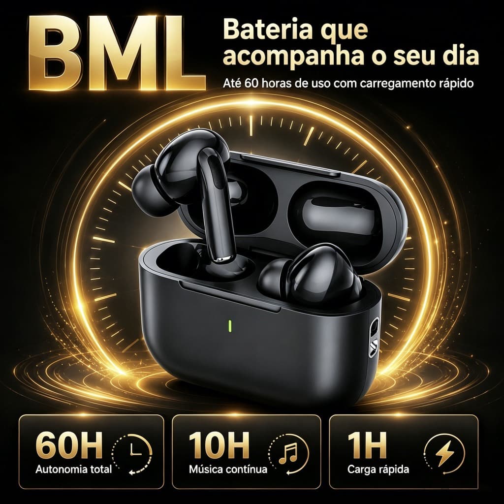 BML Fone De Ouvido Bluetooth Pro Cancelamento de Ruído ANC  para Chamadas Claras IPX5. Som 360º Hi-Fi Bateria de 48h