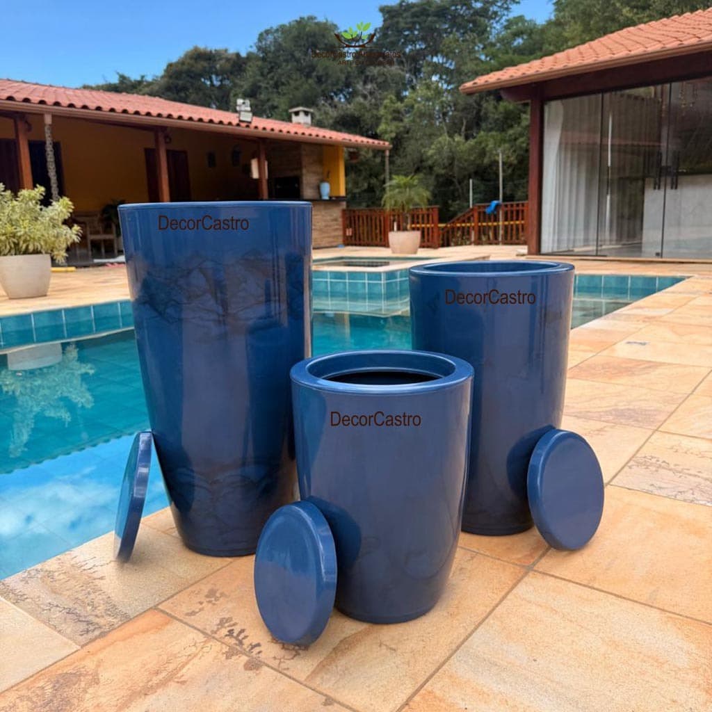 Kit 3 Vasos para Plantas Coluna Polida Lisa Marmorizada P/M/G Com Prato Coletor