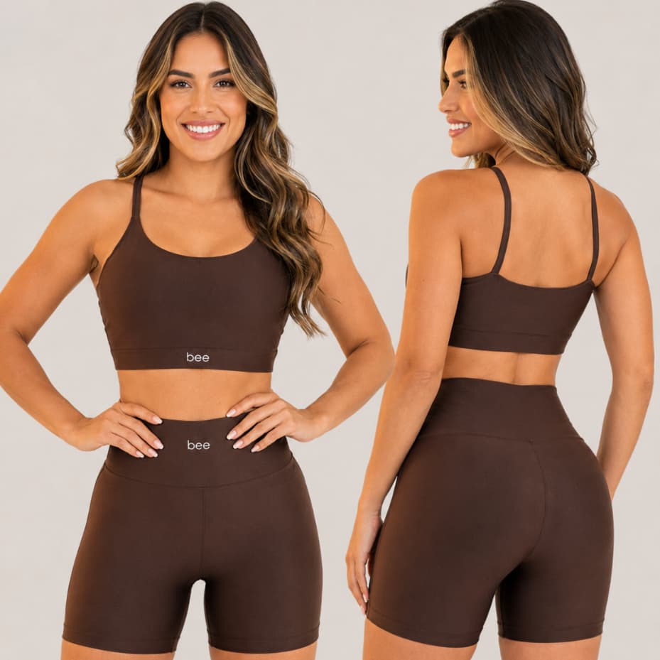 Conjunto Fitness Feminino Bee For You Cropped com Bojo e Short Cós Alto Academia Treino Sem Transparência