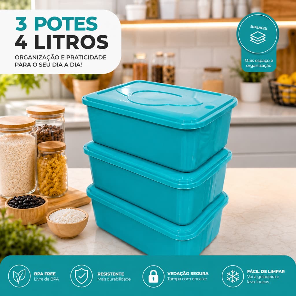 Kit 3 Potes 4 Litros Plástico Retangular Empilhável Com Tampa