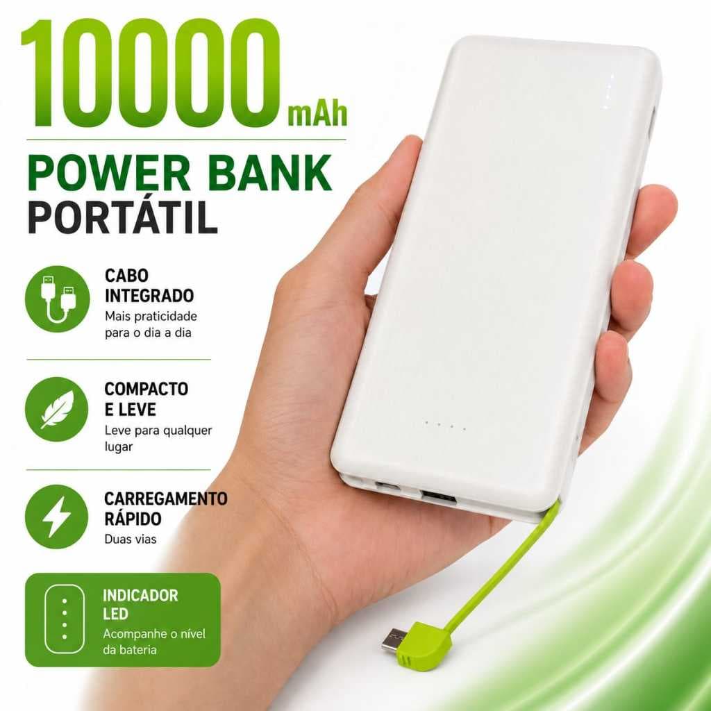 Power Bank 10000mAh Portátil Com Cabo Integrado Adaptador ISO Carregador Externo Universal