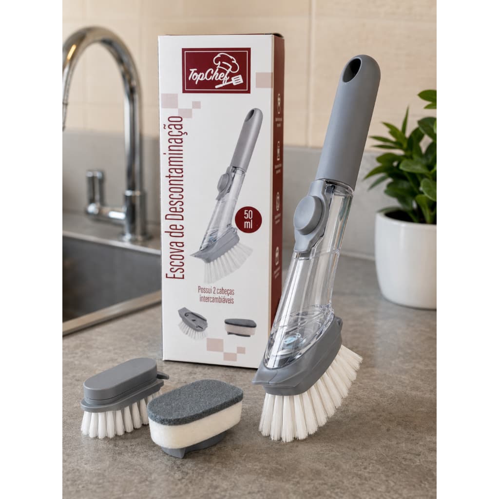 Escova de Limpeza 2 em 1 com Dispenser - Cinza, 23cm, Design Moderno e Prático 50ML