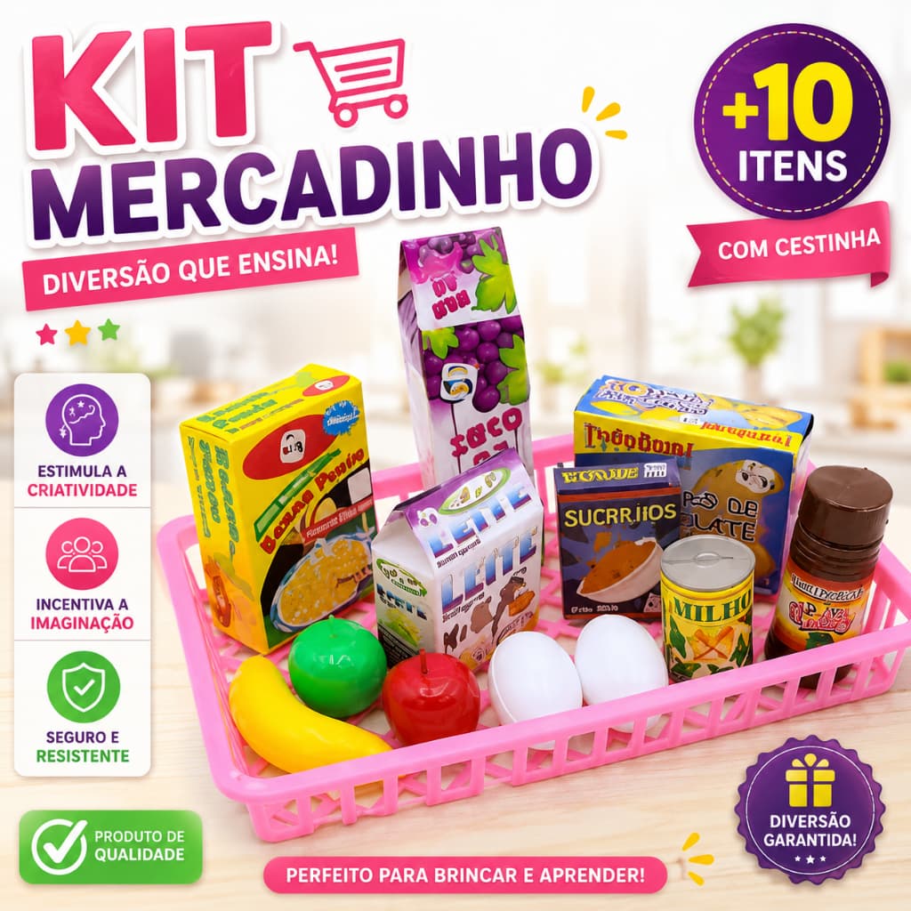 Kit Brinquedos Infantil Menina Menino 13 Peças Comidinha Brinquedo Mercadinho Cozinha Infantil Rosa
