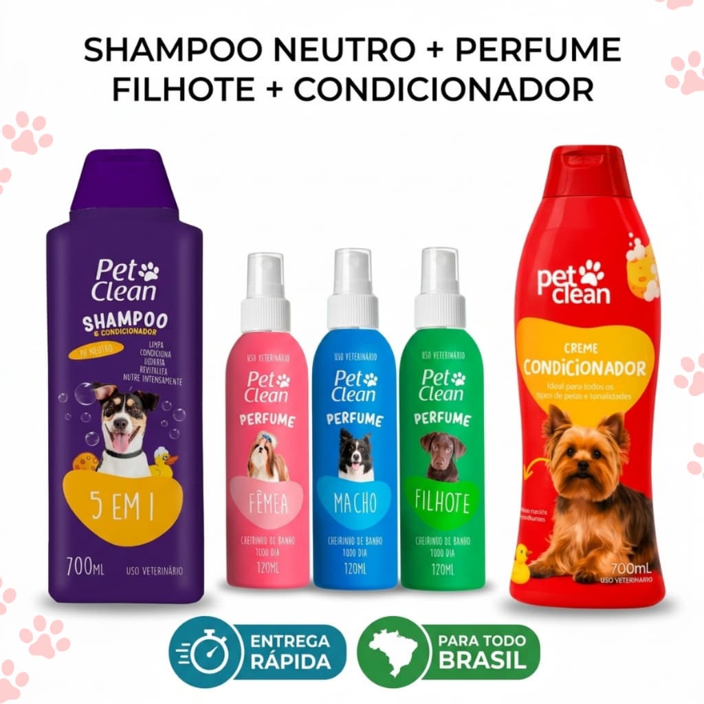 Kit Banho Shampoo 5 em 1 Condicionador e Perfume Pet Clean para Cachorro e Gato Limpeza Profunda