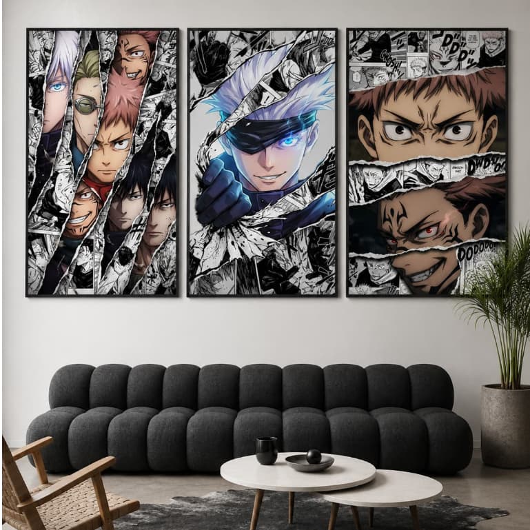 Quadro Decorativo 3 Peças Jujutsu Kaisen Anime Mangá Itadori Satoru Gojo Fã Sala Quarto Otaku
