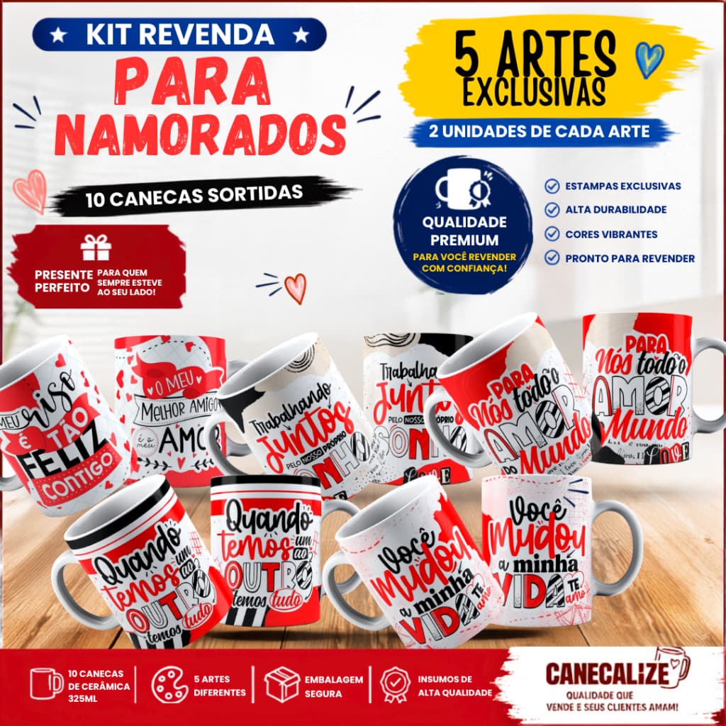 Kit 10 Canecas para Namorados/Casais para Revenda Atacado | 5 Artes Românticas Exclusivas | Casal