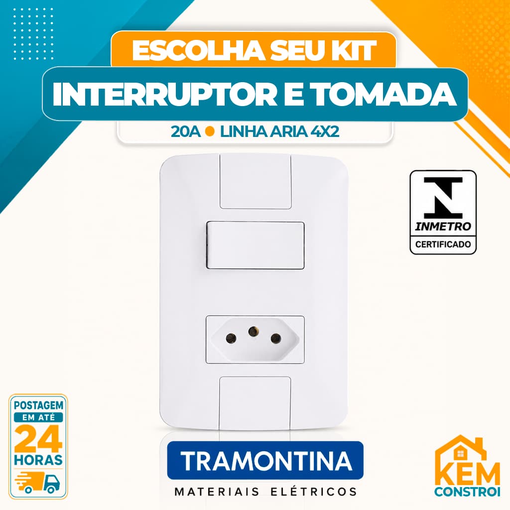 Kit Interruptor Simples + Tomada 20A Aria Tramontina 4x2 Tomadas e Interruptores