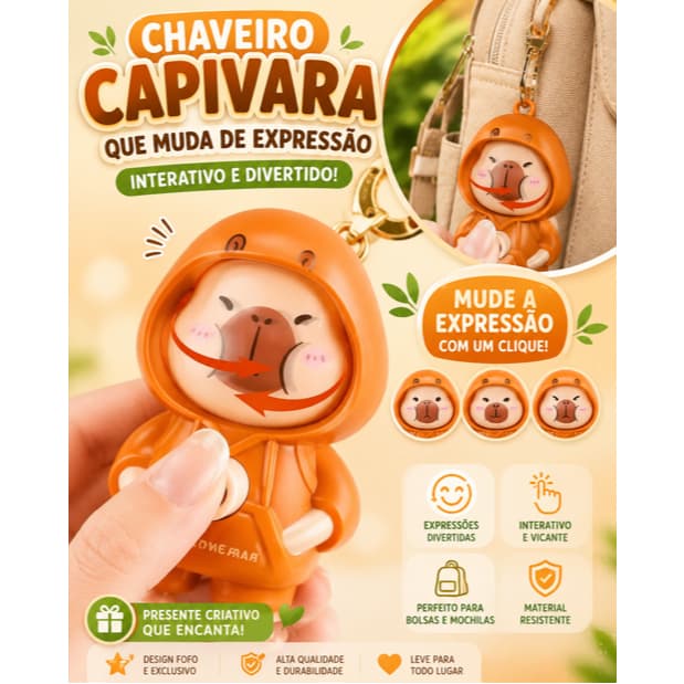 Chaveiro Capivara Expressiva Rostinho Giratório Fofo, Divertido, Acessório Fofo Mochilas e Bolsas