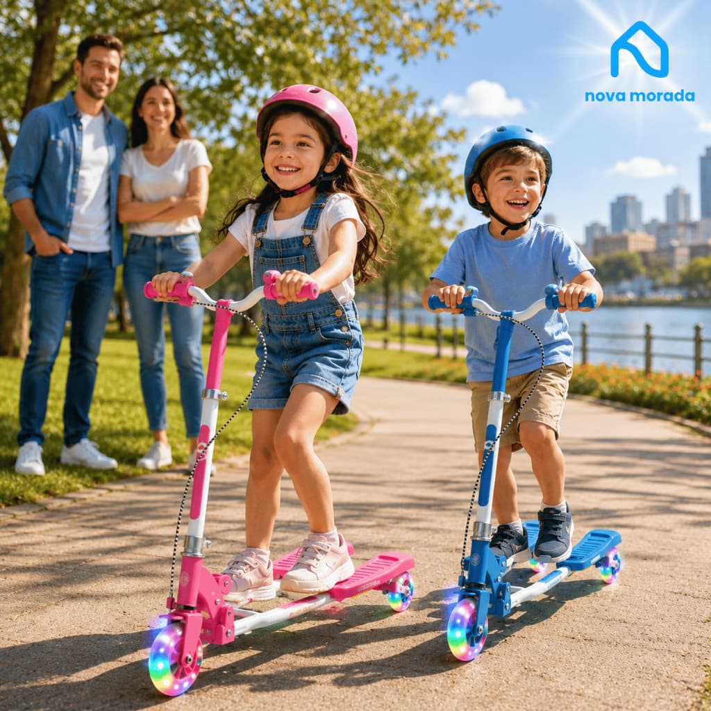 Patinete Infantil 3 Rodas LED Dobrável Ajustável Menino Menina Crianças Até 30kg Seguro Equilíbrio