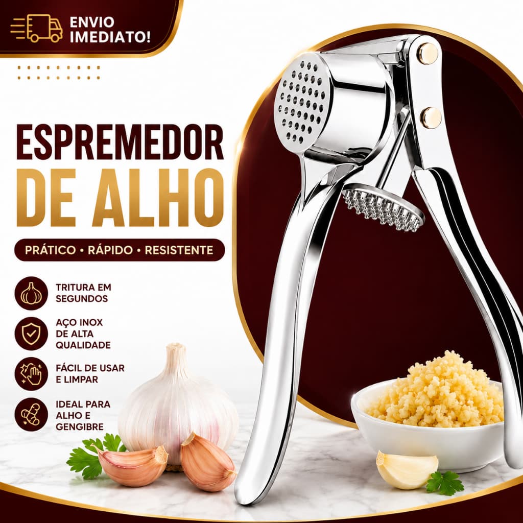 Espremedor de Alho01 Inox Profissional Triturador Manual Prensa Alho e Gengibre Resistente Fácil Limpeza