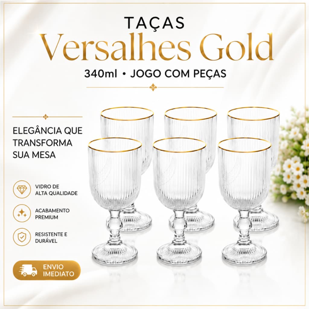 Taças Versalhes Gold 340ml Vidro Premium Borda Dourada Taça Água Suco Vinho Elegante