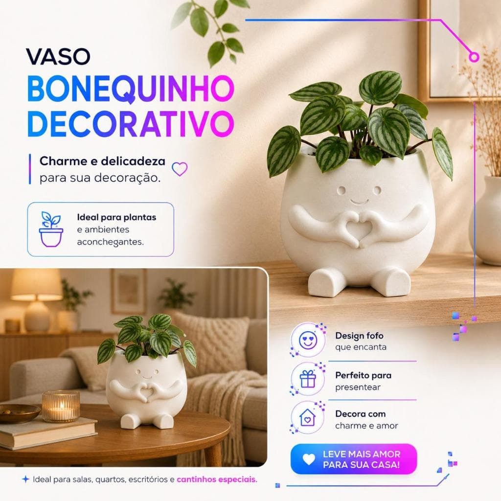 Vaso Bonequinho Decorativo com Coração 3D