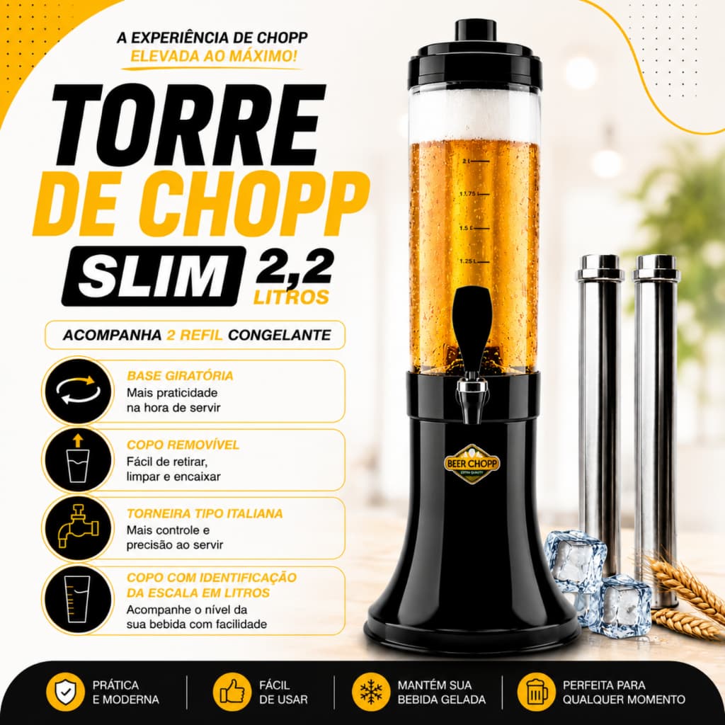 Torre de Chopp Chopeira Portátil Beer 2,25 Litros Tubo Congelante p/ Churrasco Torneira Italiana