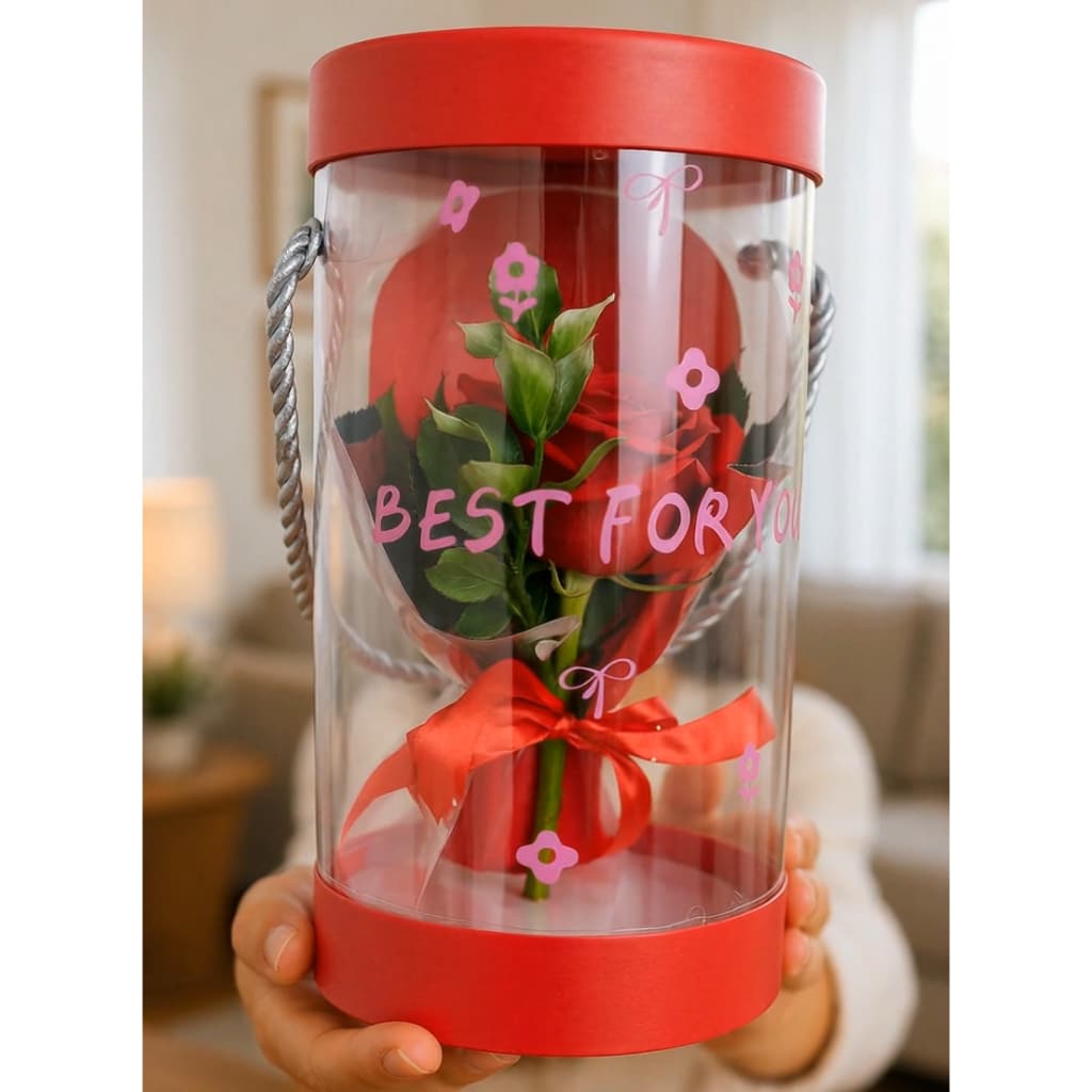 Rosa Artificial com Embalagem Transparente Presente Decorativo Sortido Ideal Namorados Rosa Vermelho