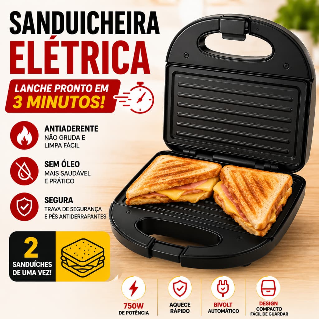 OFERTA -Sanduicheira Grill Eletrica 2 X 1 Prensa Dupla Antiaderente Alta Potencia 750W 127V 220V