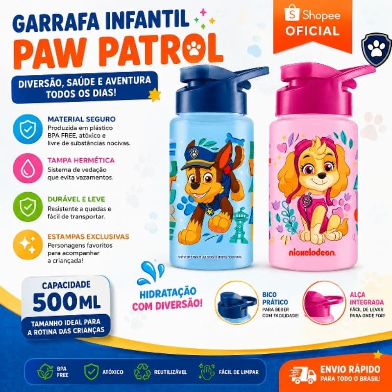 Garrafa Infantil Patrulha Canina Squeeze Escolar Resistente