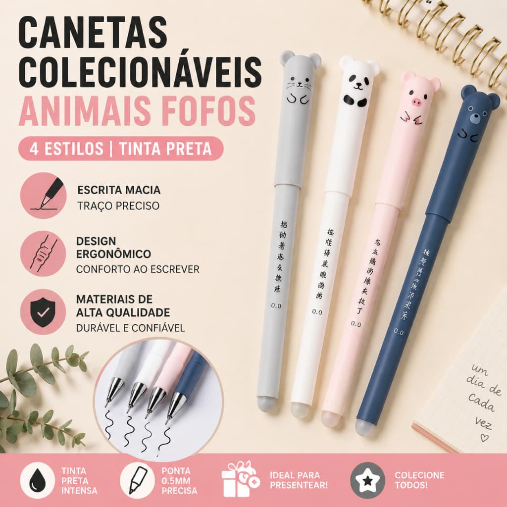 4/8/12 Pcs Canetas Fofas 0.5mm Bichinhos Panda Urso Porquinho e Ratinho Escrita Suave 1063