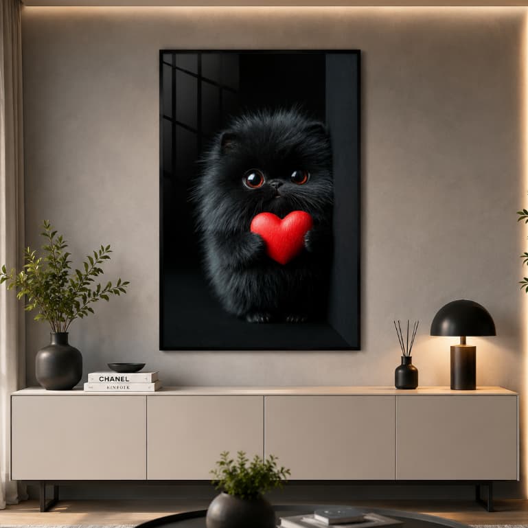 Quadro Decorativo Gatinho Preto Fofo Segurando Coração Vermelho Amor MDF