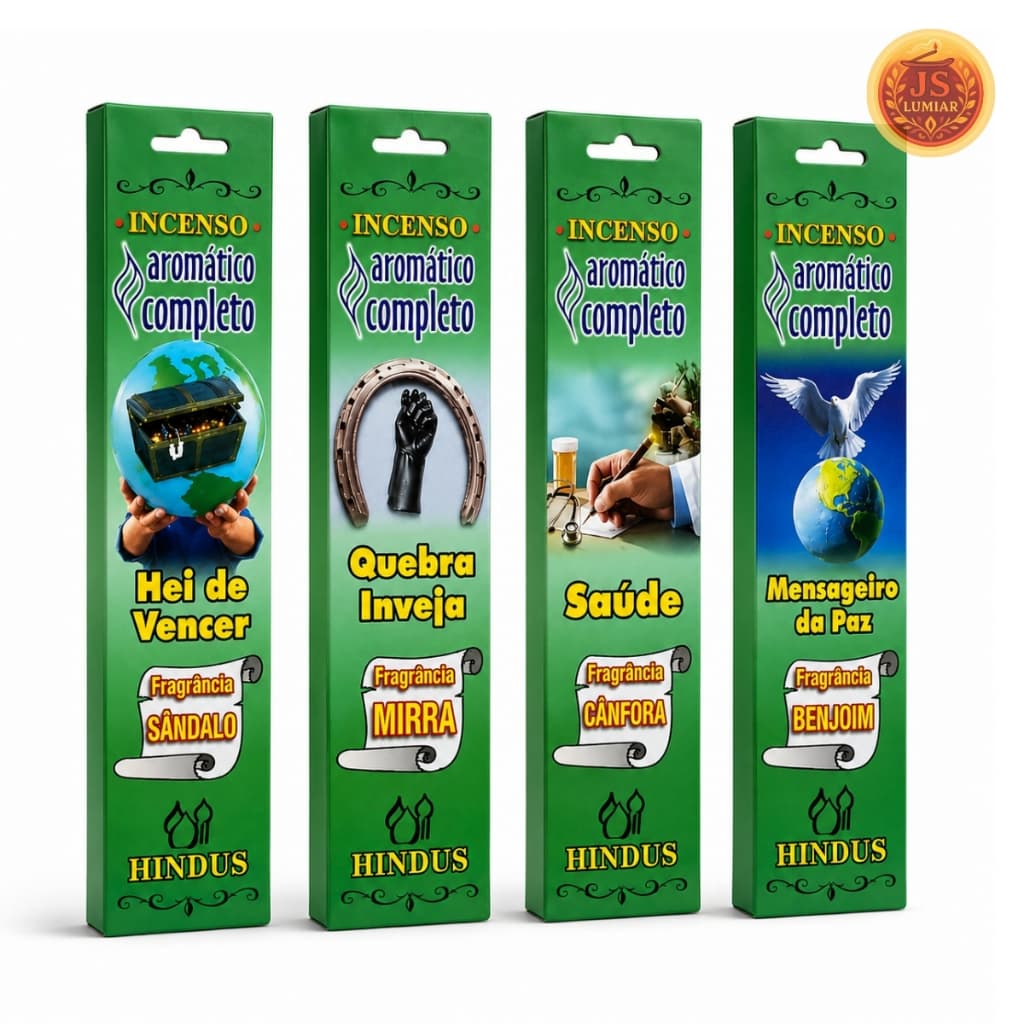 Kit 4 Incensos Hindus Aromático Completo 32 Palitos Sândalo Mirra Cânfora e Benjoim Paz