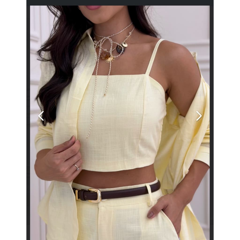 Trijunto Linho Feminino 3 Peças Conjunto Pantalona Camisa Top Elegante Social Premium PMG