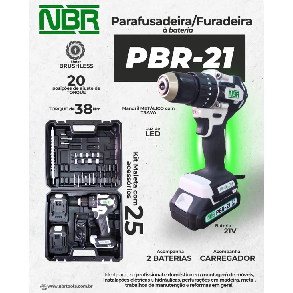 Parafusadeira Nbr Pbr-21 21v Brushless 2 Baterias recarregáveis - Design compacto e ergonômico