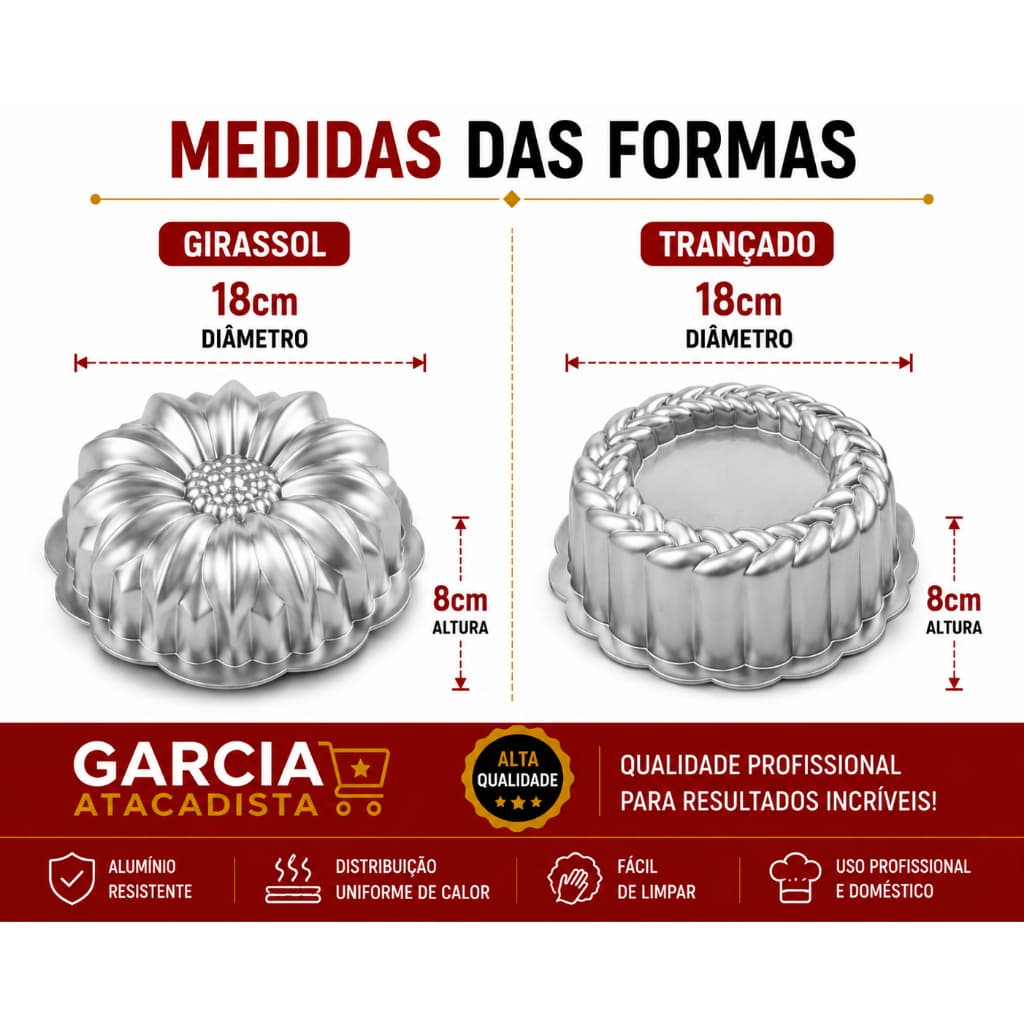 Kit com 2 Formas de Bolo Decoradas Girassol + Trançada Grande 18x8cm em Aluminio para Bolos Acima de 1Kg