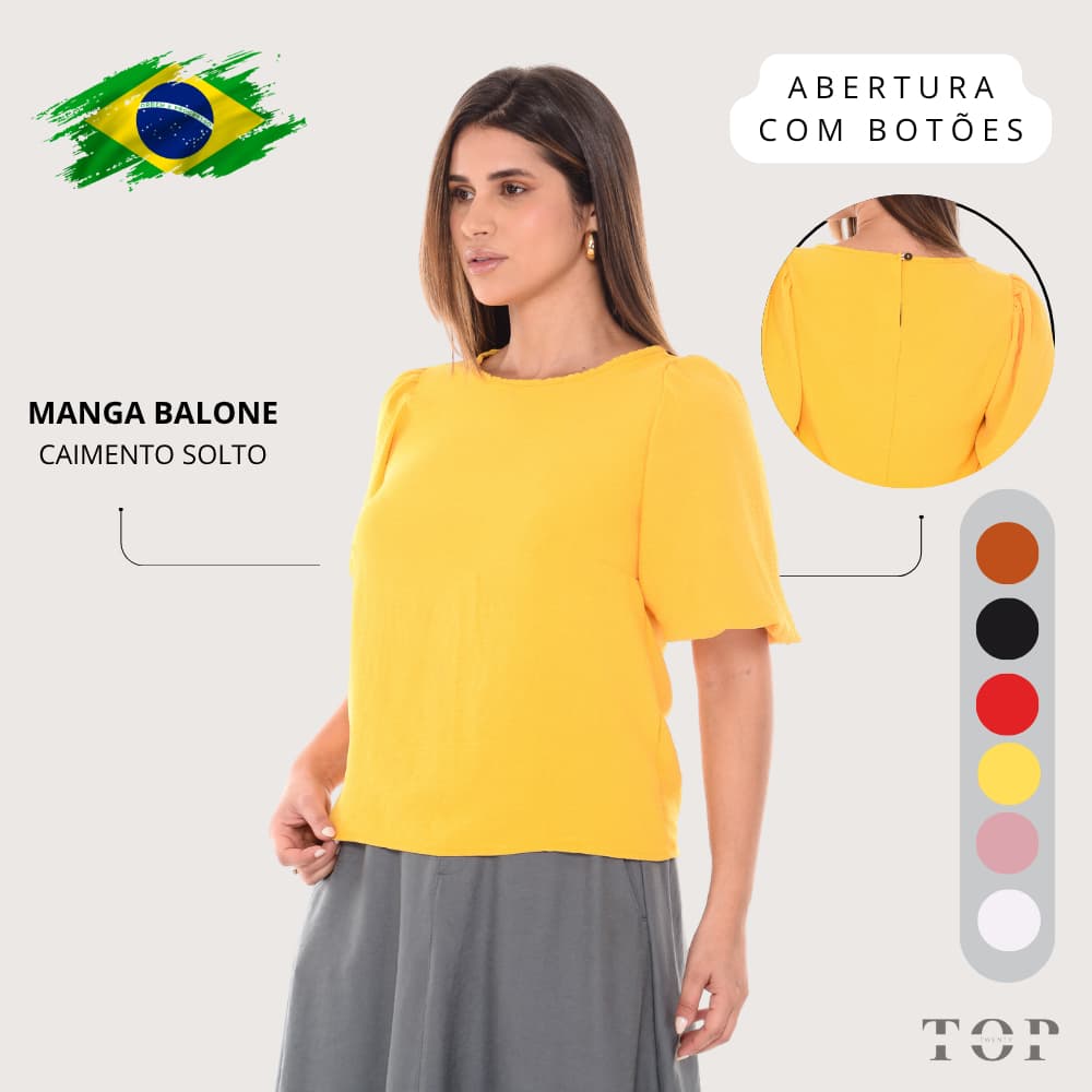 Blusa Feminina Manga Balonê Gola U com Abertura em Gota nas Costas